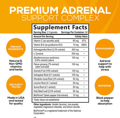 Adrenal Support Supplement - Supports Stress, Fatigue & Daily Energy with Ashwagandha Plus Natural Herbs - Non-GMO, Adrenal Fatigue Supplements for Women & Men - 120 Capsules