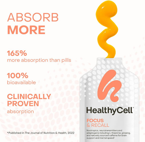 Healthycell Focus & Recall Daily Liquid Brain Supplement For Focus & Memory - Nootropics Supplement For Concentration & Alertness With L-Theanine Omega-3 & Taurine - 14 Gel Packs