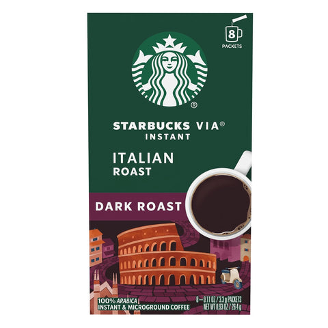 Starbucks VIA Instant Coffee, Dark Roast Coffee, Italian Roast, 100% Arabica, Single-Serve, 1 Box (50 Packets) | 100% Arabica instant coffee packets; Italian Roast dark roast; 1 box, 50 packets