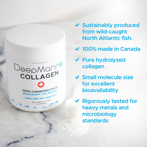Deepmarine Collagen 100 Canadian Made Collagen Peptides Wild-Caught Collagen Powder Hydrolyzed Marine Collagen - 30 Day Supply - Gluten-Free Tasteless Odourless Keto And Paleo Friendly