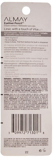 Eyeliner Pencil by Almay, Vitamin E, Water Resistent and Long Wearing, Hypoallergenic, Oil Free, Fragrance Free, 205 Black, 0.01 oz
