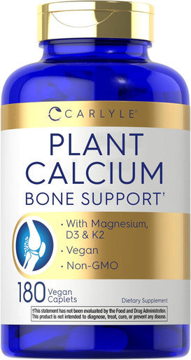 Carlyle Plant Based Calcium with Vitamin K2 D3 Magnesium | 180 Vegan Caplets | Bone Strength Supplement | Non-GMO & Gluten