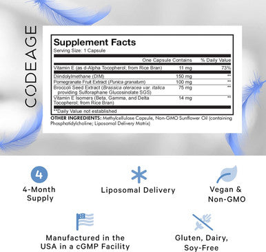 Codeage Liposomal DIM Supplement 4 Months Supply of DIM Vitamins and SGS Pomegranate Broccoli Vitamin E Isomers Tocopherols Alpha Beta Gamma Delta Liposomal Formula Gluten 120 Capsules