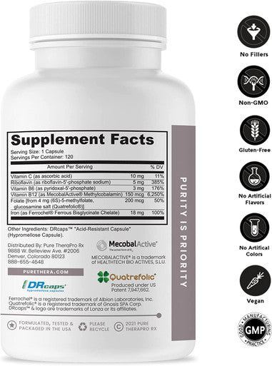 Iron Complete 120 Vegan Capsules Blood Building Supplement 18 mg of Ferrochel Ferrous Bisglycinate Chelate Cofactors VIT C Folate B Vitamins Non Constipating Lab Tested Non GMO