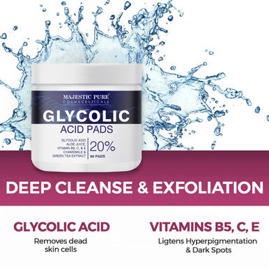 MAJESTIC PURE Glycolic Acid Pads for Face & Body - 20% Resurfacing Exfoliating Pads with Vitamin C,E,B5,AloeJuice, GreenTea & Rosemary Oil - For Skin Tone, Acne, Fine Lines & Dark Spots - Peel Pads 60