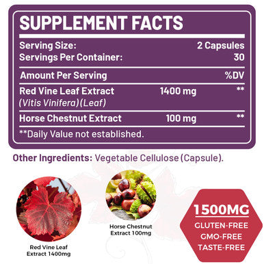 SUSTAINANCE Red Vine Leaf Extract 1400Mg & Horse Chestnut Extract 100Mg Supplement Diet For Leg Vein Circulation Heart Skin (60 Capsules)