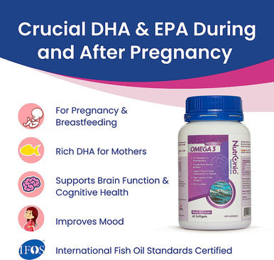 Prenantal Omega 3 DHA - Supports Brain Development in Babies During Pregnancy and Lactation, Unflavoured, No After Taste, 60 counts, Nutronic
