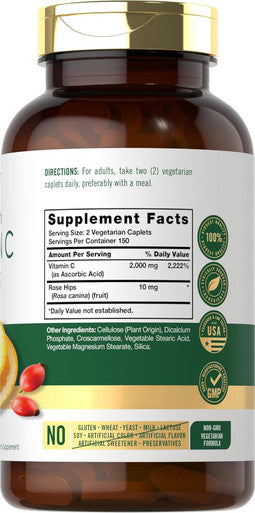 Carlyle Vitamin C 1000mg | 300 Vegetarian Caplets | Ascorbic Acid with Wild Rose HIPS | High Strength Formula | Non-GMO and Gluten Supplement