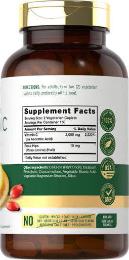 Carlyle Vitamin C 1000Mg | 500 Vegetarian Caplets | Ascorbic Acid With Wild Rose Hips | High Strength Formula | Non-Gmo And Glute