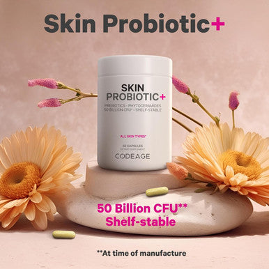 Codeage Skin Probiotics + Prebiotics - Skin Care Routine Supplement - 50 Billion CFU - Ayurvedic Botanical Herbs - Face Probiotics - Shelf Stable Cleanser Non-GMO Vegan - 60 Capsules