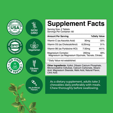 Natures Craft Sugar Magnesium Glycinate Chewable - Chewable Magnesium for Adults & Kids with Glycinate Taurate & Citrate Complex Plus Vitamins D3 B6 & C - Vegetarian Non-GMO & No Artificial Flavors (60 Day)