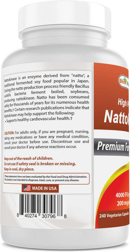 Best Naturals High Potency Nattokinase 4000 FU Per Serving/ 200 mg per Serving 240 Vegetarain Capsules Non-GMO Gluten Free