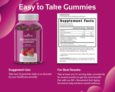 Cognitune Resveratrol Gummies - Sugar Natural Raspberry Watermelon Flavor 1500mg Resveratrol Supplement for Heart Brain Immune Support & Wellness Powerful Antioxidant with Anti-Aging Benefits