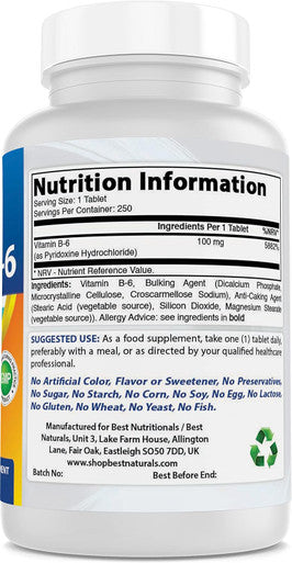 Best Naturals Vitamin B6 Tablet 100 Mg 250 Count