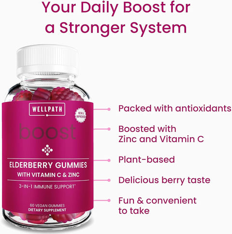 Wellpath Boost Elderberry Gummies With Zinc & Vitamin C Immune Support Supplement For Adults Immunity Booster Vitamins Sambucol Black Gummy Non-Gmo & Vegan 60 Ct