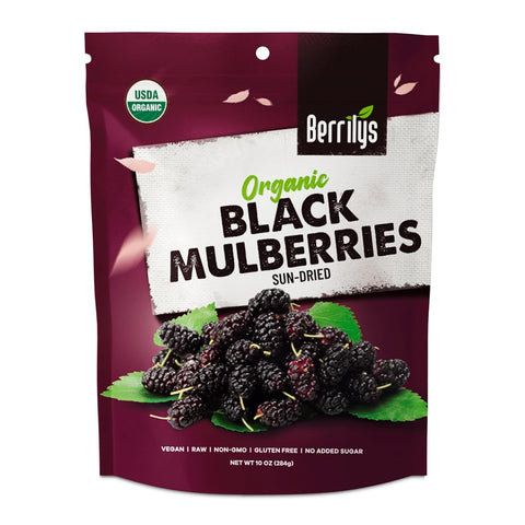 Dried Mulberries, Black, Organic, Berrilys, 3 LB, Dried Mulberry, Non-GMO, Unsulfured, Raw, Healthy Snacking, Great Ingredient for Baking Purposes, Vegan, Natural