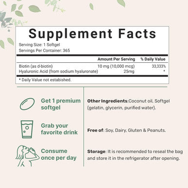 Micro Ingredients Biotin 10000mcg w/Hyaluronic Acid 25mg | 365 Virgin Coconut Oil Softgels Fast Release One Year Supply Supports Healthy Hair Skin & Nails Non-GMO & No Gluten