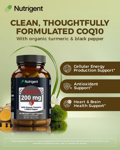 Nutrigent Coq10 200Mg Capsules With Organic Turmeric & Black Pepper Antioxidant Support Heart & Brain Health Cellular Energy Production Clean Label Formula 60 Day Supply