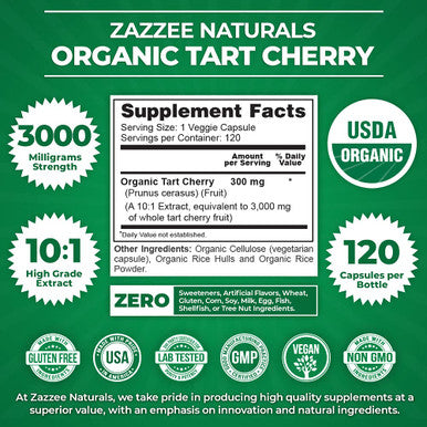 Zazzee Usda Organic Tart Cherry 10:1 Extract, 3000 Mg Strength, 120 Vegan Capsules, 4 Month Supply, Standardized, Concentrated 10