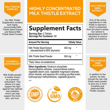Milk Thistle Silymarin Concentrated Support for Liver Function, Liver Health - Double Strength Milk Thistle Supplement with Seed and Extract - Vegan - 120 Tablets