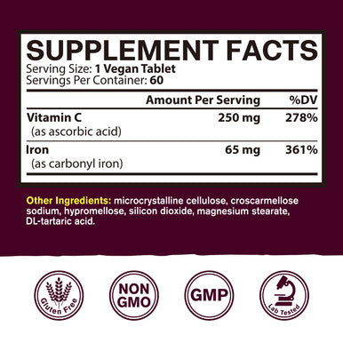 Vitacook Iron Supplement For Women And Men, High Potency Iron With Vitamin C, Blood, Energy, Muscle & Immune System Support, Vegan, 60 Count