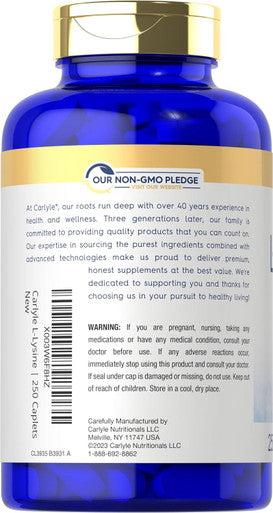 Carlyle L-Lysine 500 mg | 250 Caplet Capsules | Amino Acid Supplement | Vegetarian Non-GMO & Gluten