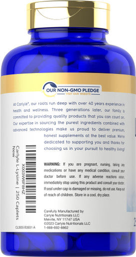 Carlyle L-Lysine 500 Mg | 250 Caplet Capsules | Amino Acid Supplement | Vegetarian, Non-Gmo & Gluten Free