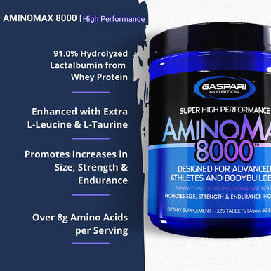 Gaspari Nutrition AminoMax 8000, Advanced Amino Acids for Muscle Recovery, Growth and Endurance - Creatine, Leucine, Taurine, and BCAAs (325 Tablets)