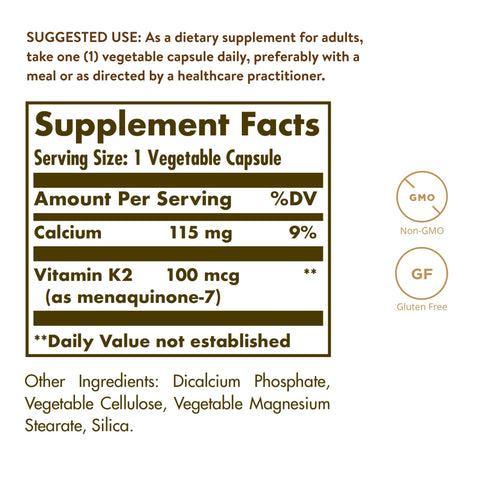 Solgar Naturally Sourced Vitamin K2 (Mk-7) 100 Mcg - 50 Vegetable Capsules - Supports Bone Health - Whole Food Source From Natto Extract - Non-Gmo Gluten Free 50 Total Servings