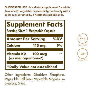 Solgar Vitamin K2 Mk7 100Mcg Vegetable Capsules Supports Bone Health Natural Whole Food Source From Natto Extract Nongmo Gluten Free Servings Original 50 Count
