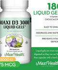 Maxi Health Kosher Vitamin D3 3000 Iu - Pure Vitamin D 3000 Iu For Healthy Bones, Teeth, Immune Support - High Absorption Vit D3 (180 Liquid Gels)