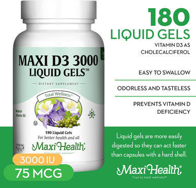 Maxi Health Kosher Vitamin D3 3000 Iu - Pure Vitamin D 3000 Iu For Healthy Bones, Teeth, Immune Support - High Absorption Vit D3 (180 Liquid Gels)