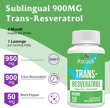Ascuoli Sublingual Trans-Resveratrol Purity 99%, 3-In-1 Advanced Formula Resveratrol Supplement For Boost Nad+, Immune & Energy Support, Anti-Aging, Skin & Overall Health, 240 Lozenge (240-Day Supply)