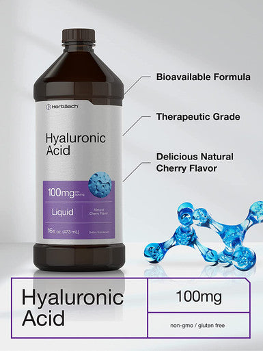 Liquid Hyaluronic Acid Supplement | 100 mg | 16 oz | Cherry Flavor | Non-GMO and Gluten Free Formula | by Horbaach