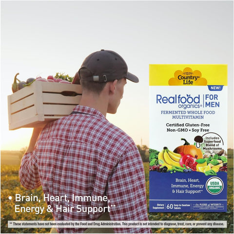 Country Life Realfood Organics for Men Multivitamin 60 Tablets 30 servings with 1300mg organic food blend 7mushroom superfood and innerfillet aloe for brain heart and energy support
