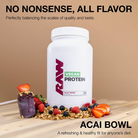 Raw Vegan Protein Powder Acai Bowl - 20G Of Plant-Based Protein Powder & Fortified With Vitamins For Muscle Growth & Recovery - Low-Fat Low Carb Naturally Flavored & Sweetened 25 Servings