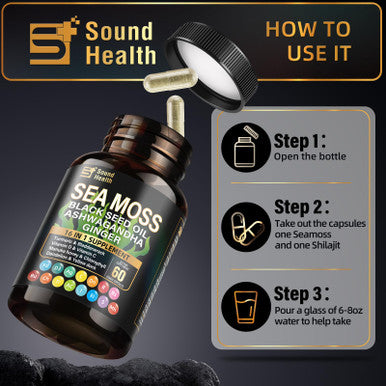 Sound Health Supplements Wild Organic Irish Sea Moss and Shilajit 8000mg Sea Moss 10000mg Shilajit Ashwagandha 2000mg Ginseng Vitamin C Vitamin D3 Black Seed Oil 2 Bottles of 60 Capsules
