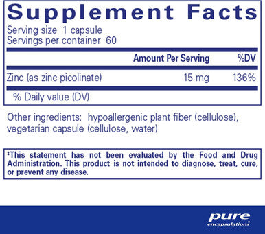 Pure Encapsulations Zinc 15 Mg - Zinc Picolinate Supplement For Immune System Support, Growth & Development - For Wound Healing - With Premium Zinc Picolinate - 60 Capsules