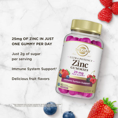Solgar Zinc Gummies Adult Vitamin With 25Mg Ultra Potency Zinc Citrate For Immune Support - Mixed Fruit Flavor, Vegan, Kosher & Gluten Gummy Supplements For Women & Men, 2G Sugar, 60 Servings