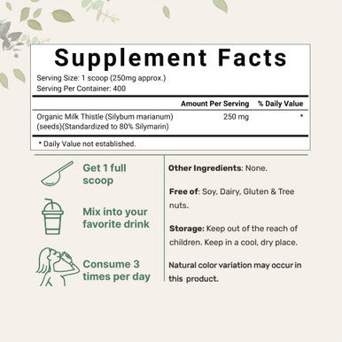 Organic Milk Thistle Extract, 3.5 Ounces, Pure Milk Thistle Powder Organic, Milk Thistle Tea, Contains 80% Active Silymarin, Strongly Supports Liver Health and Antioxidant, Vegan Friendly