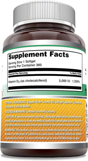 Amazing Nutrition Formulas Vitamin D3 with Coconut Oil 5000 IU 360 Softgels Supplement | Non-GMO | Gluten | Made in USA