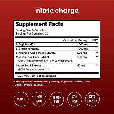 Nitric Oxide Supplement with L Arginine Citrulline Malate AAKG Pine Bark & Grape Seed Extract - NO Booster for Muscle Growth Strength Vascularity Energy & Blood Flow Vegan Capsules