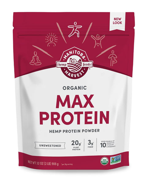 Manitoba Harvest Organic Max Protein Powder, Unsweetened, 32 oz | 20 g Protein and 4.5 g Omegas 3 and 6 per 32 g Serving, Keto-Friendly, Preservative-Free, Non-GMO, Packaging May Vary