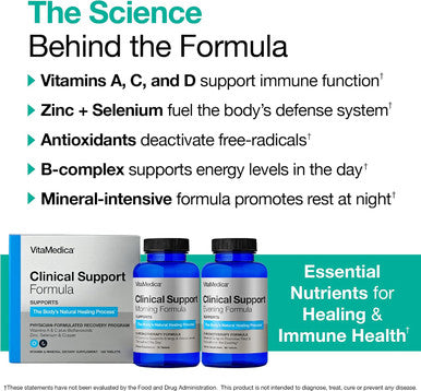 Vitamedica Clinical Support Formula Promotes Collagen & Wound Healing Vitamin C, D, & A To Support Healthy Immune Function Zinc + Selenium Vitamin B Multivitamin For Women & Men