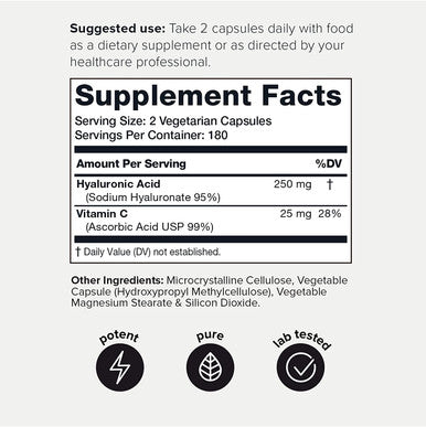 Ultra High Purity Hyaluronic Acid Capsules - 95%+ Highly Purified and Highly Bioavailable - 275mg Formula - Non-GMO Fermentation - High Strength with Vitamin C - 360 Capsules