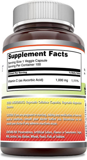 Amazing Nutrition Formulas Vitamin C Supplement |1000 Mg | 100 Veggie Capsules | Non-GMO | Gluten | Made in USA