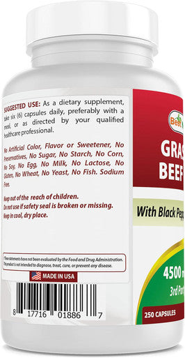 Best Naturals Grass Fed Beef Liver Capsules 4500mg 250 Count - Desiccated Supplement - Energy Production Detoxification Digestion Immunity - Added Black Pepper Extract for Maximum Absorption.
