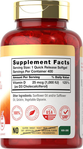 Carlyle Vitamin D3 1000 IU | 400 Softgels | Non-GMO and Gluten Formula | 25 mcg