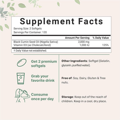 Micro Ingredients Black Seed Oil 2000 mg with Vitamin D3 1000 IU 240 Softgels | Cold Pressed - Nigella Sativa Pills from Egypt Virgin Oil Odorless Non-GMO & No Gluten