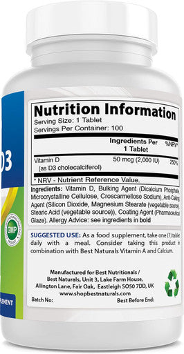 Best Naturals Vitamin D3 2000 IU (50 mcg) - 100 Tablets - 100 Days Supply - Helps Support Immune Health Strong Bones and Teeth & Muscle Function (100 Count (Pack of 1))